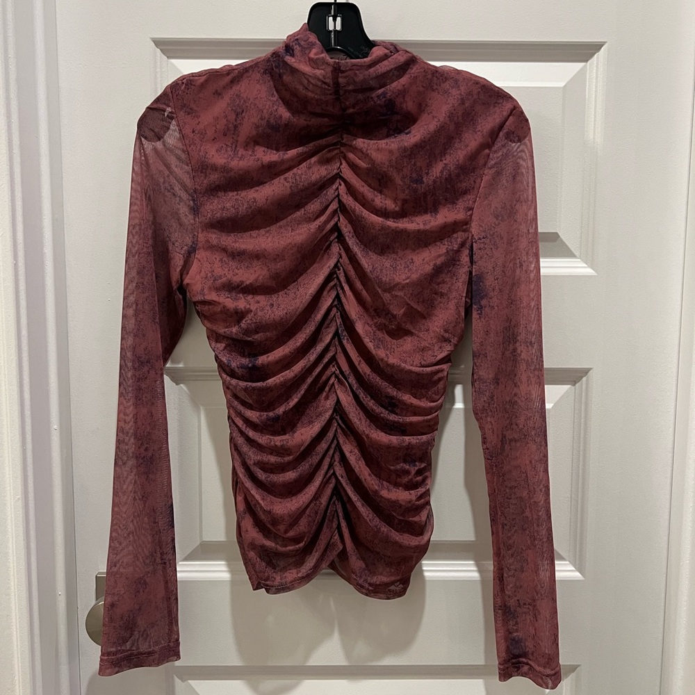 Zara Ruched Long Sleeve Blouse - Deep Burgundy/pink. Sheer